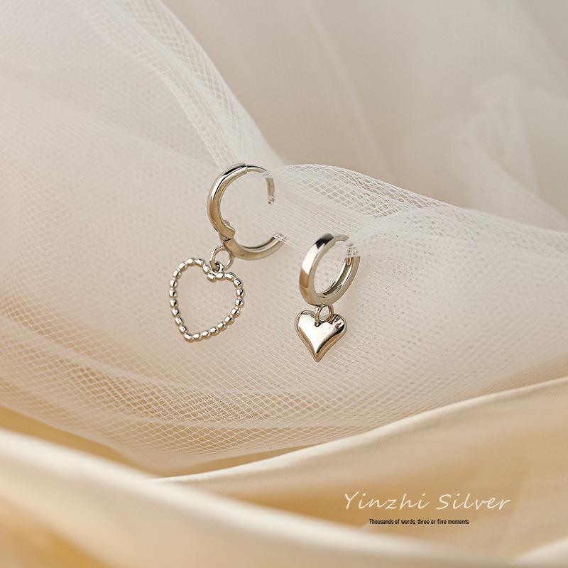 Korean-Style Asymmetrical Heart Earrings & Bear Ear Cuff Set for Women