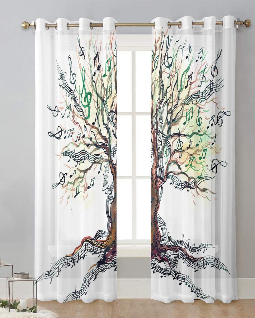 Music Tree Plant Musical Notes White Sheer Curtains for Living Room Decoration Window Curtains Kitchen Tulle Voile Curtains