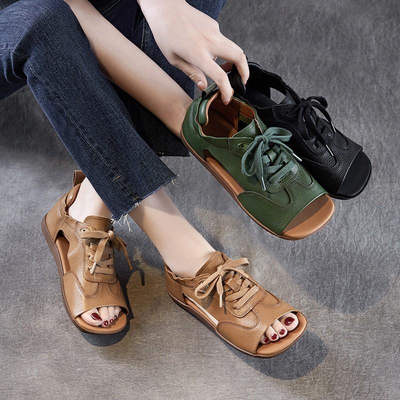 

Johnature Genuine Leather Peep Toe Sandals Retro Flat Bottomed Lace-up Soft Soled Women s Shoes 40 зелений