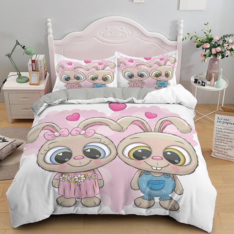 Pink Cartoon Animal King Queen Duvet Cover Kawaii Panda Pattern Bedding Set For Kids Girls Wildlife 2/3pcs Polyester Quilt Cover