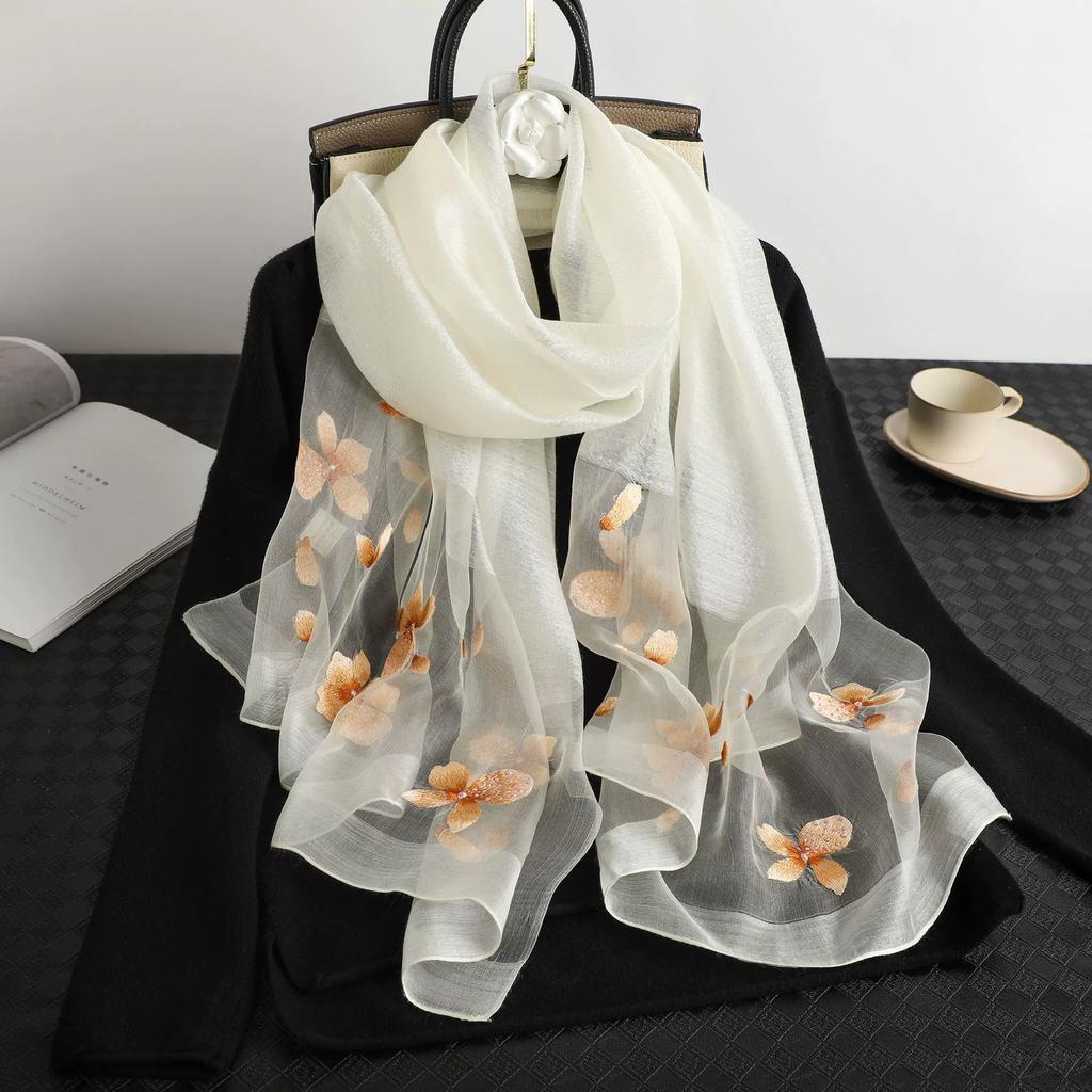Floral Embroidered Silk Scarf Springautumn Thin Mulberry Silk Scarf Elegant And Decorative Shawl