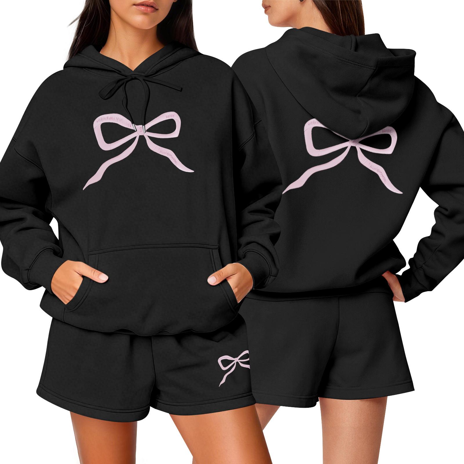 

Женский модный повседневный комплект с длинным рукавом, шортами и спортивным свитшотом с круглым вырезом S чёрный