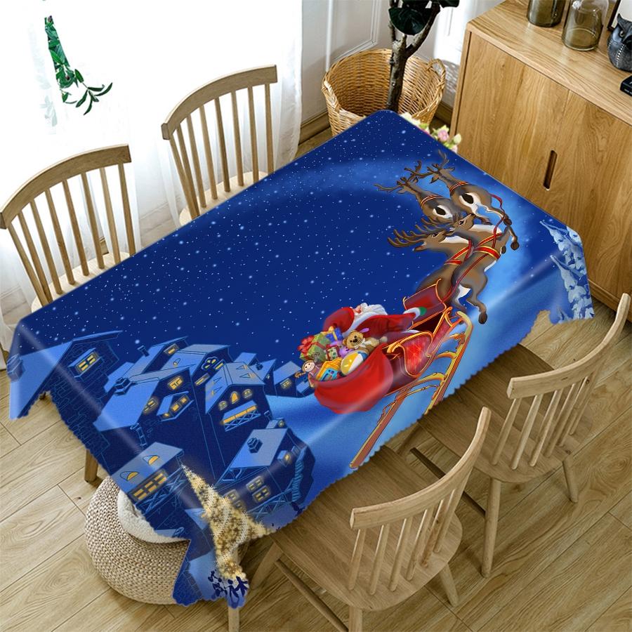 Thicken Cotton Tablecloth Blue Background Santa Claus Snow Pattern Rectangular Round Table Cloth For Wedding Picnic Party