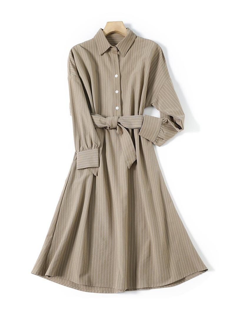 

2025 spring new French retro striped temperament lace-up slim long-sleeved shirt skirt polo collar dress women Large size M хаки