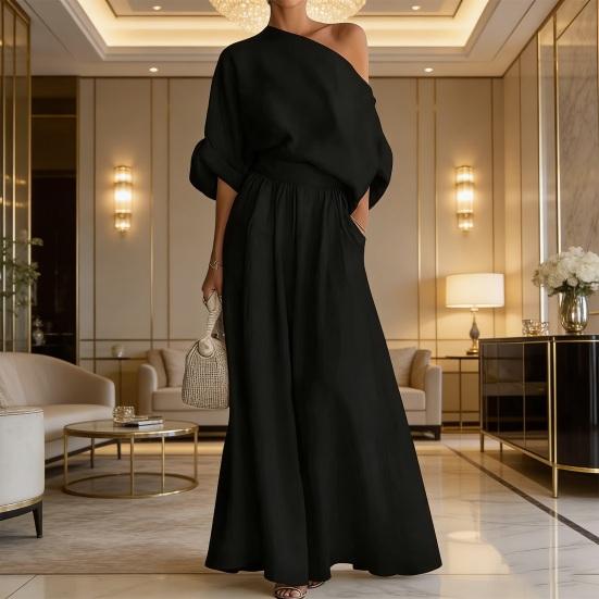 Set da 2 Pezzi Outfit Estivo da Donna Top Scollo a Barca Manica Corta Pantaloni Lunghi a Vita Alta Gamba Larga Oversize Set Tuta da Casa Colore Puro