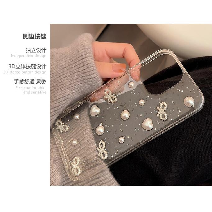 Pearl bow suitable for 17promax Apple 16 phone case iPhone15 3D resin 12 transparent 13 soft