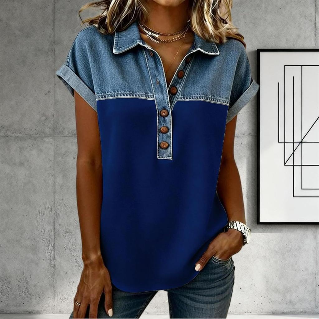 Denim Patchwork Shirts For Women Stand Collar Casual Blouse Short Sleeve Comfy Tshirt Spring Summer Fashion