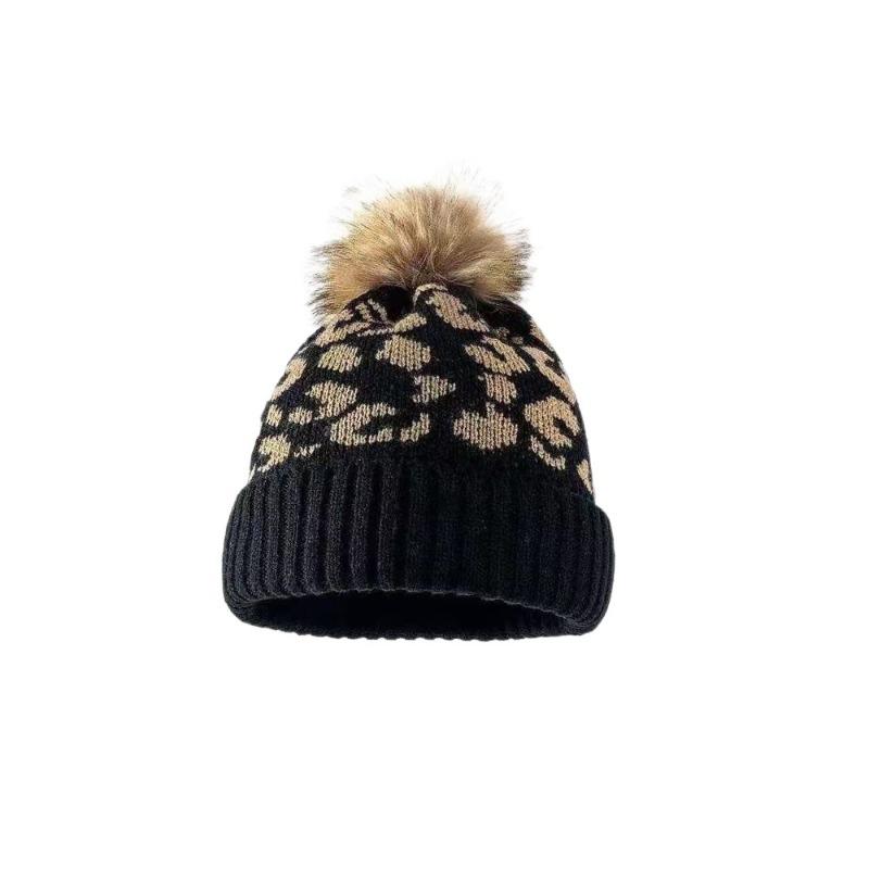 Authorized, autumn and winter versatile leopard print hairball hat fashionable warm crimped knitted hat