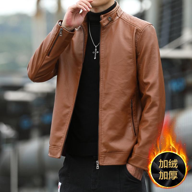 Leather Jacket Men's Trendy Autumn and Winter New Men's Korean Style Slim Stand Collar Casual Jacket Green PU Leather Jacket for Men
