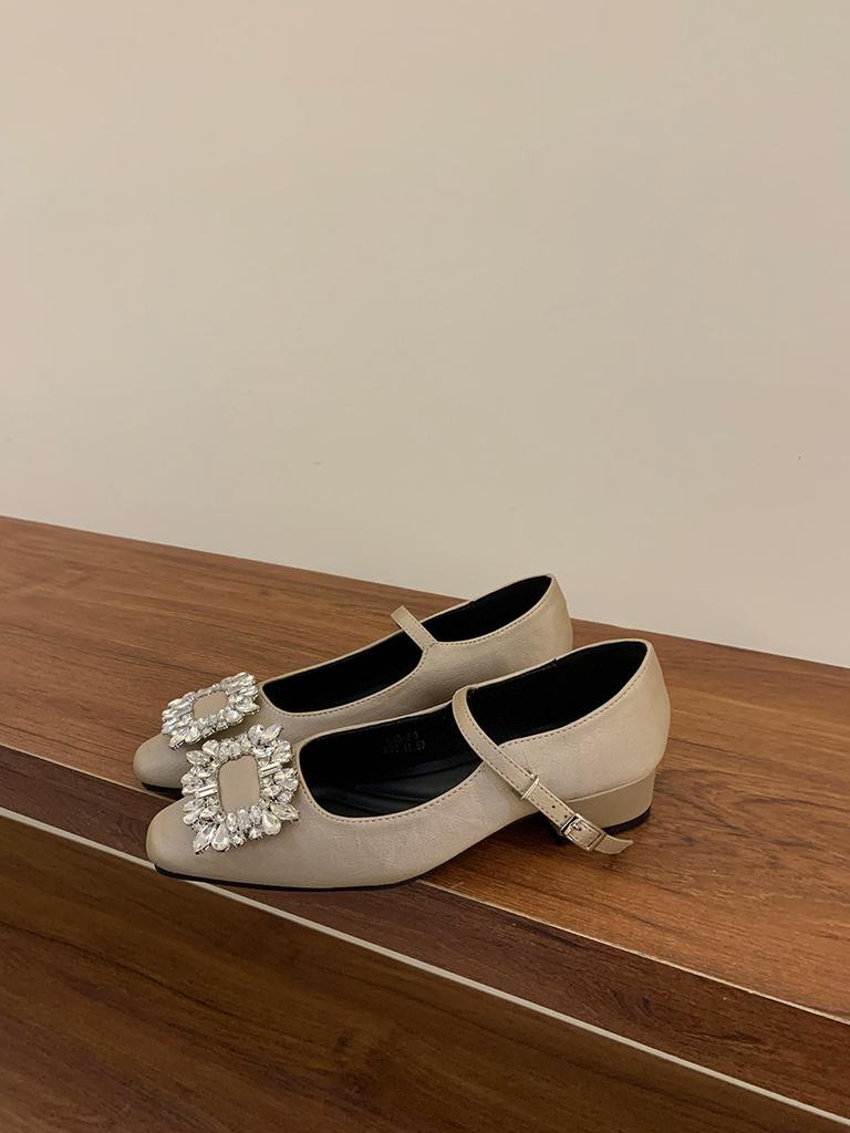 Coarse Heel French Silver Mary Jane Single Shoes Women's Shoes 2025 New Spring and Autumn Square Head Rhinestone Temperament High Heels