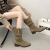 Vintage Suede Khaki Medium and High Boots Western Boots Women's Boots 2025 Early Autumn New Thick Heel Pointed Pile Boots