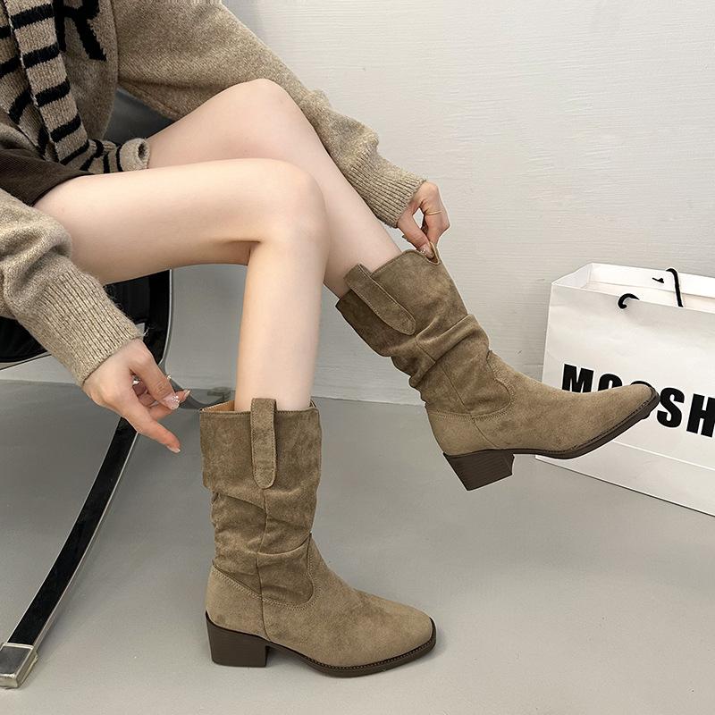 Vintage Suede Khaki Medium and High Boots Western Boots Women's Boots 2025 Early Autumn New Thick Heel Pointed Pile Boots