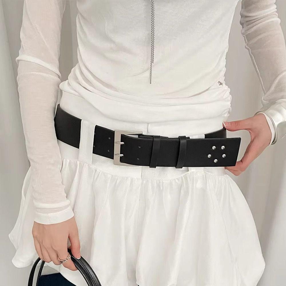 Black White Women's Belt Pu Leather Dress Jeans Belt Ins Style Wide Waist Belt Girls