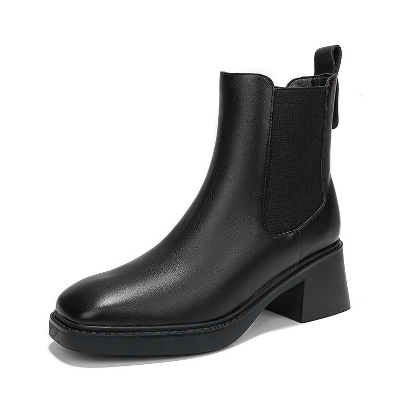 New square head British style short boots leather CM thick heel Chelsea boots children's black soft-soled Martin boots