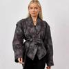 Vintage V-neck Belt Faux Leather Jackets Women Chic Full Sleeve Lace Up High Waist Lapel Overcoat Autumn Female Street Outerwear