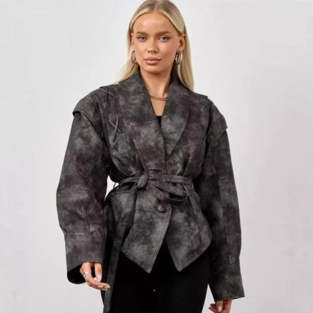 Vintage V-neck Belt Faux Leather Jackets Women Chic Full Sleeve Lace Up High Waist Lapel Overcoat Autumn Female Street Outerwear