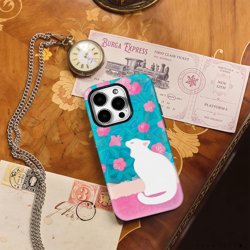 White Cat Among Blossoms Phone Case for IPhone 17AIR 16E 16 15 14 13 12 11 17 Pro Max Plus Double-layer Back Cover