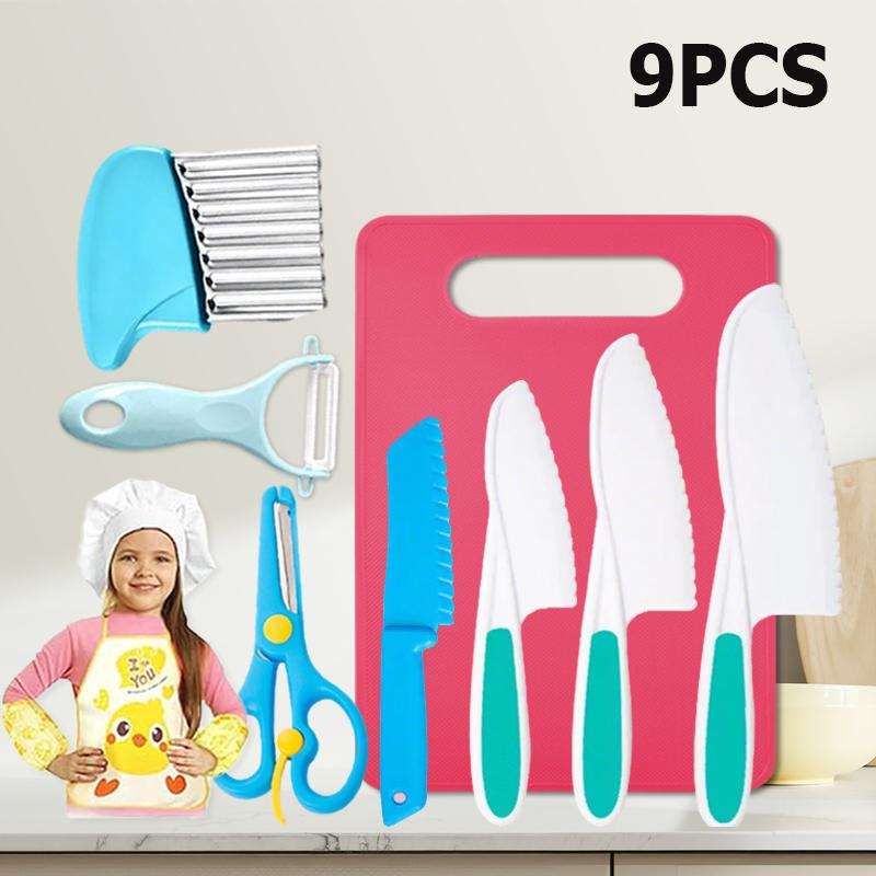 9PCS Kids Cooking Cutter Knife Set Plastic Fruit Knives DIY Toddlers Kid Safe Peeler Knife Cutting Boards Kitchen Accessories