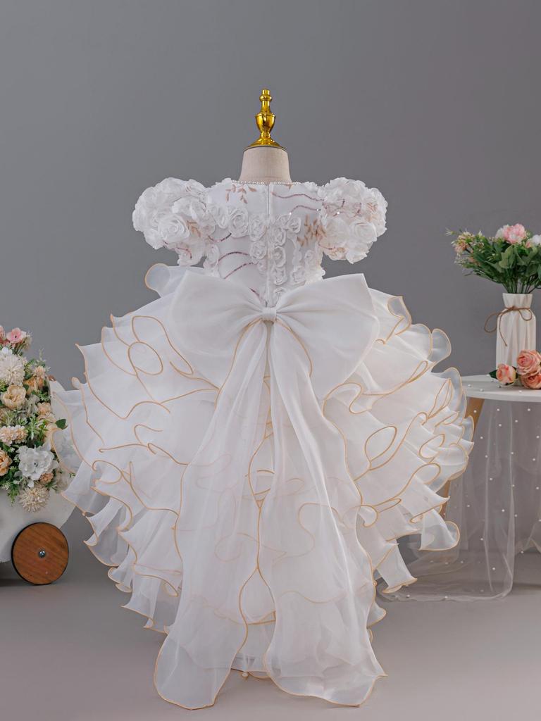 2025 New Children's Princess Dress with Rose 3D Appliques, Bow, and Cake Train