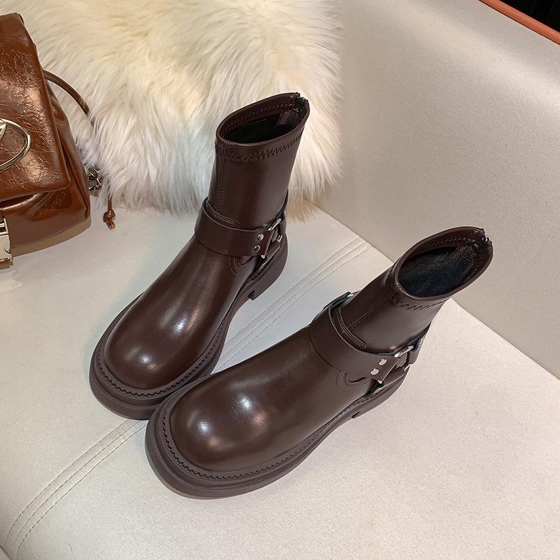 Medium tube retro knight boots women's autumn and winter British style thick-soled Martin boots thick-heeled cowboy boots