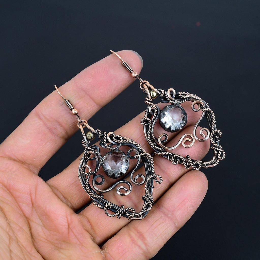 White Topaz 999 Copper Wire Wrapped Earrings, Handmade Gemstone Jewelry Earrings For Memorial Day