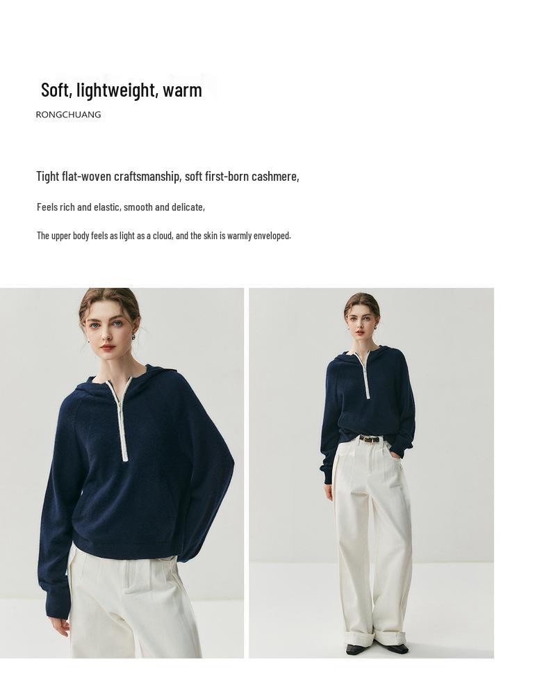 Women's Elegant Hooded Half-Zip Cashmere Sweater - Versatile Knitwear for Autumn/Winter 2026
