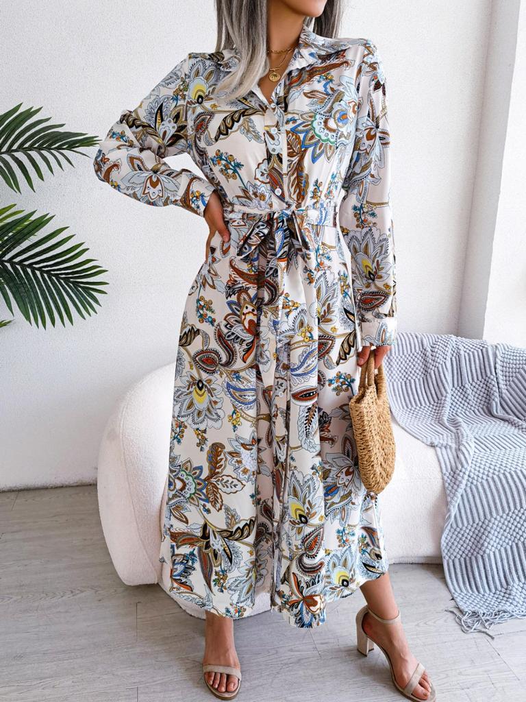 Turndown Collar Print Flower Button Dress High Waist Elegant  Shirt Dress for Women Long Sleeve Loose Dresses Causal Dress