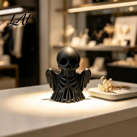 Retro Style Bone Texture Crafts 3D Printed Cthulhu Skull Statue Gothic Hollow Skeleton Decor Matte Black Desktop Storage for Paper Clips Horror