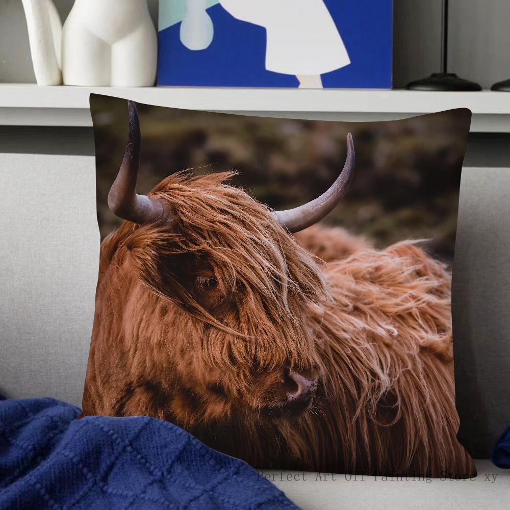 Scottish Highland Cattle Pillow Case Fashion Square Pillowcase Bedroom Sofa Room Ins Decoration Leisure Cushion Cover 40x40