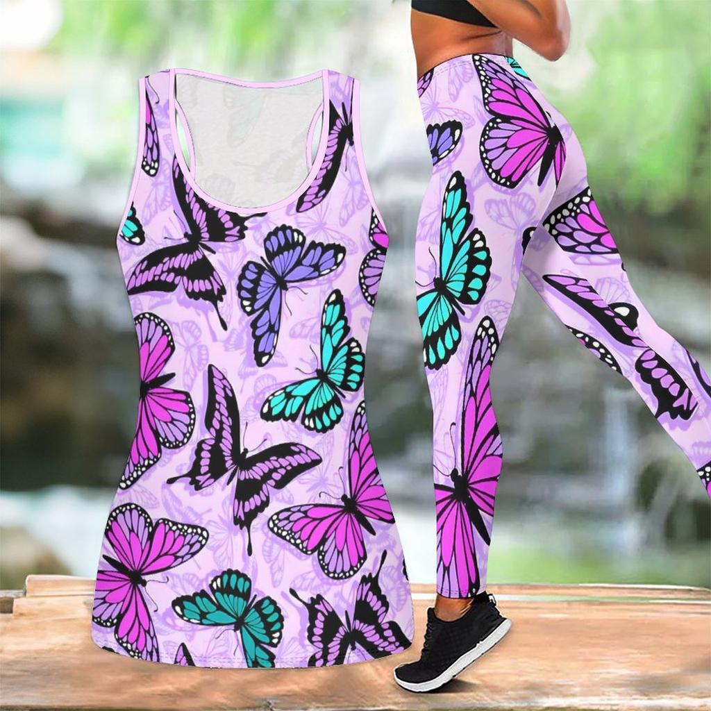 Butterfly Print Yoga Outfit for Women Fashion Workout Leggings Fitness Sports Casual Yoga Set Sports Suit