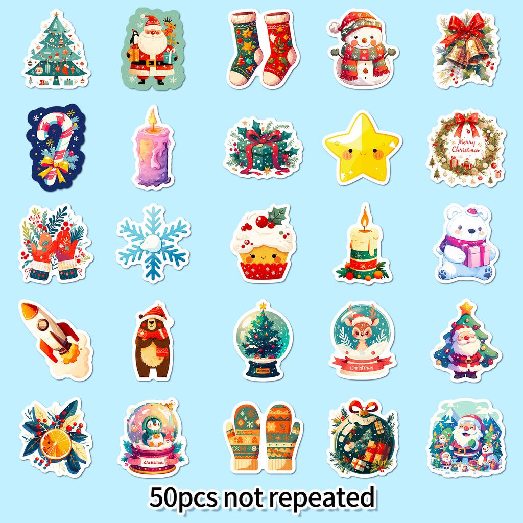 50pcs Merry Christmas and Happy New Year Stickers, Non-repetitive Cartoon Cute Characters and Animals Christmas Decorative