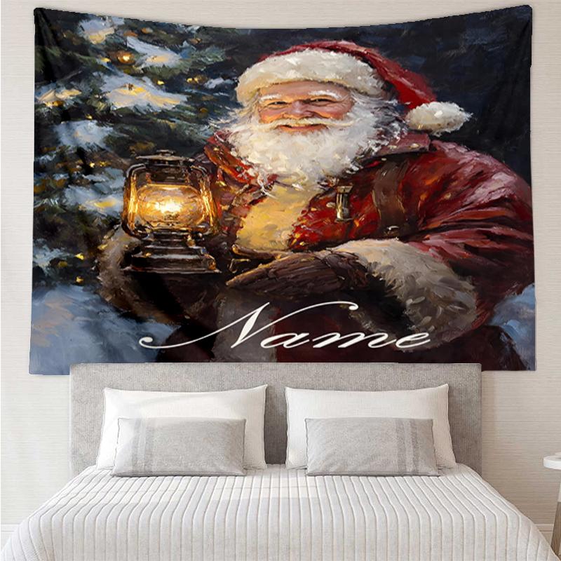 Custom Name Christmas Santa Claus Print Tapestry, Backdrop, Easy Setup, Ideal for Bedroom, Office & Living Room, with Aesthetic Wall Hanging Decor.