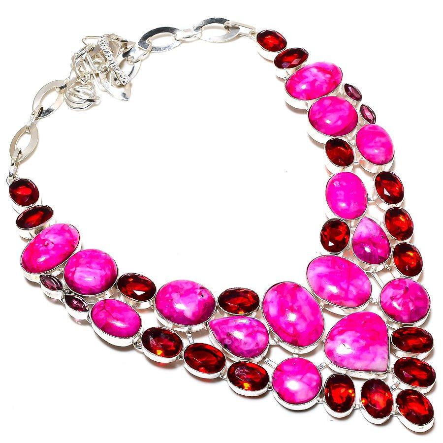 Pink Moonstone, Garnet Gemstone 925 Sterling Silver Jewelry Necklace 18" SU-9762