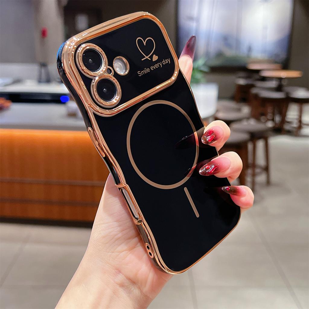 For iPhone 16 Magnetic Case Electroplating Wave Edge TPU Phone Cover Heart Pattern