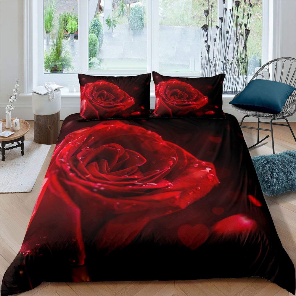 Ensemble Housse de Couette Rose Rouge Ensemble de Literie Imprimé Fleur de Rose Style Romantique Frais Taille King Housse de Couette avec Taies d'Oreiller pour Amoureux