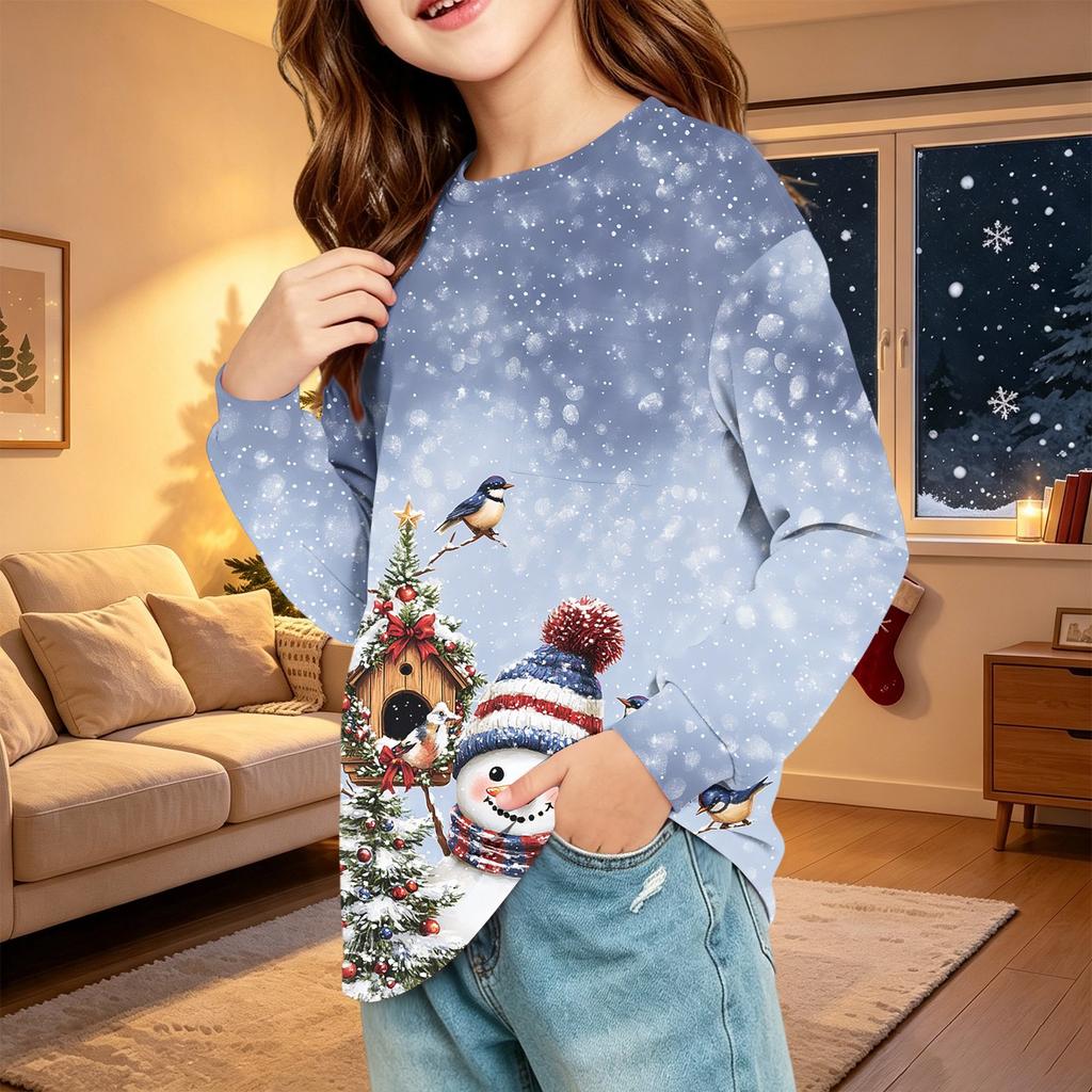Children's Christmas Print Long Sleeve Neck Shirt with Pocket for Boys and Girls