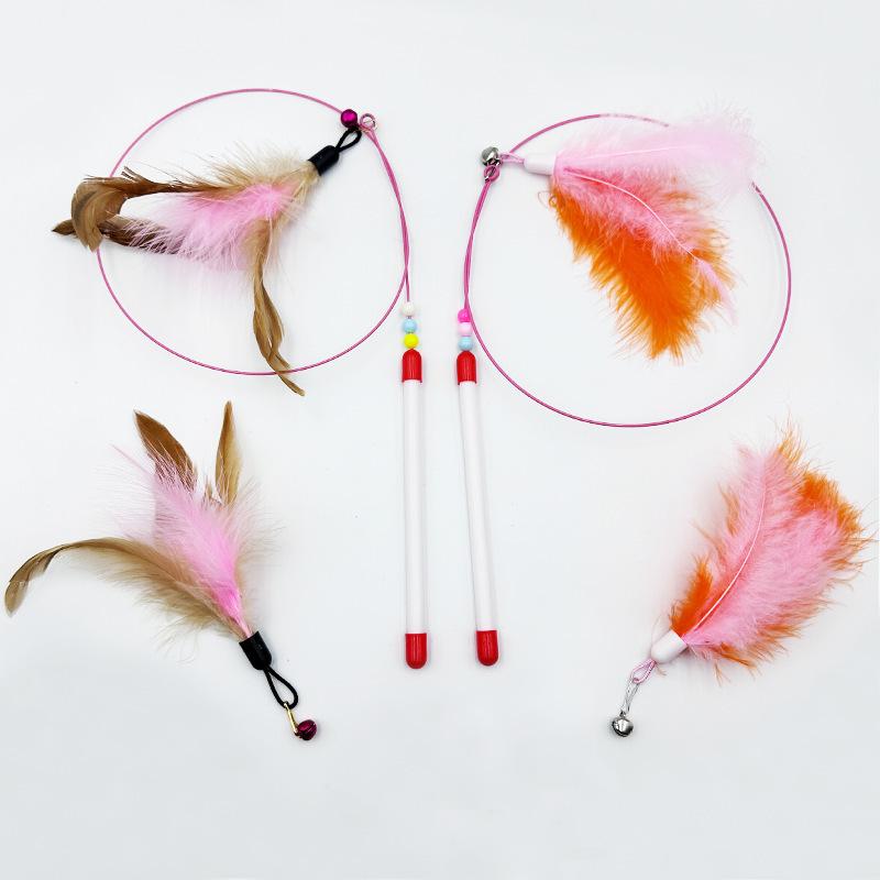 Cat Toys Long Rod Steel Wire Feather Bells Bite-resistant Handheld Cat Teaser Self-Hi Bored Cat Toys Pet Toys