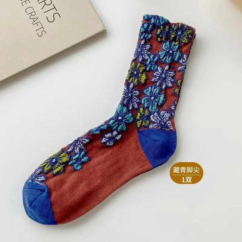 High-value Retro Flower Socks Medium Tube Socks Women's Literary Floral Ethnic Style Flower Mori Women's Cotton Socks