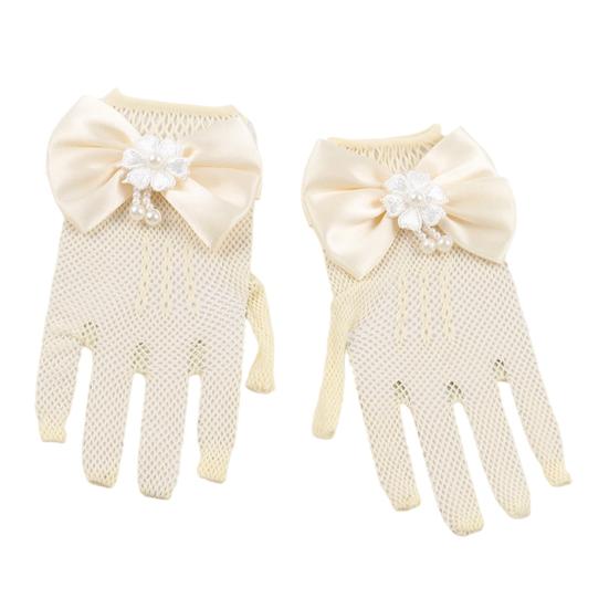 Lace Short Gloves for Little Girls 4-8 Years Tea Party Wedding Flower Gloves with Bow Kids Princess Dressing Gloves for First Communion Wedding Prom