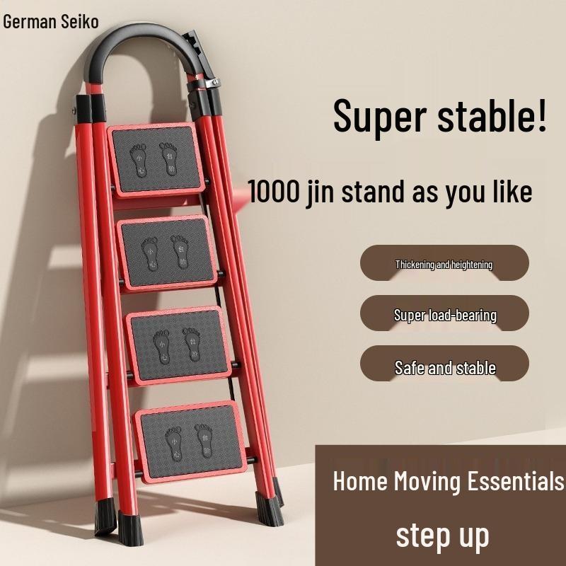 Red Portable Multi-Functional Indoor Folding Ladder - Lightweight, Telescopic, Thickened A-Frame, Ideal Housewarming Gift