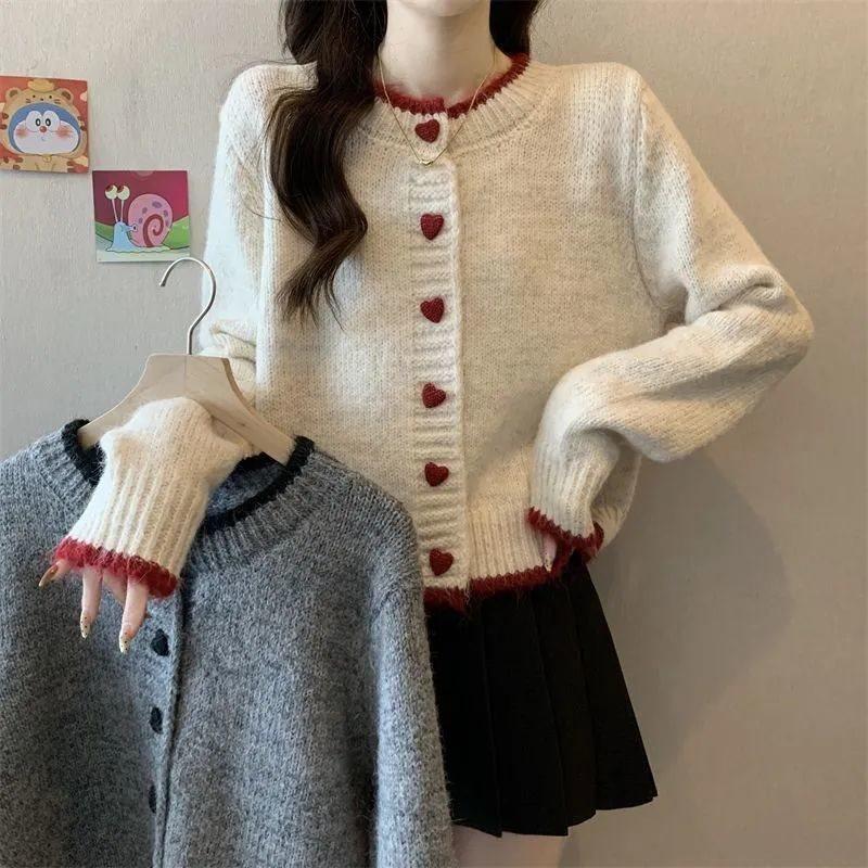 Women's Colorblock Heart Button Knit Cardigan - Short, Long Sleeve Sweater for Spring & Autumn