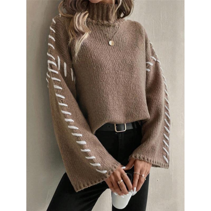 

Women Fall Winter Pullovers Fashion Knit Sweater Long Sleeve Knitwear Female High Neck Contrast Stitching Tops Knitwear Clothes L коричневый