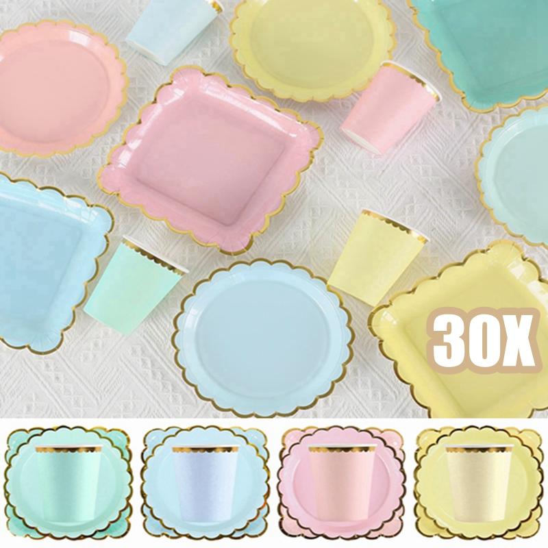 30/40Pcs Disposable Party Plates Tableware Macaron Color  Cake Plate Paper Cup Dishes Set Birthday Party Wedding Dinner Supplies