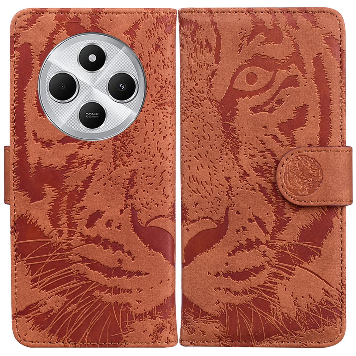 

For Xiaomi Poco C75 4G/Redmi 14R 5G/14C 4G Case Tiger Imprint Leather Wallet Phone Cover Brown
