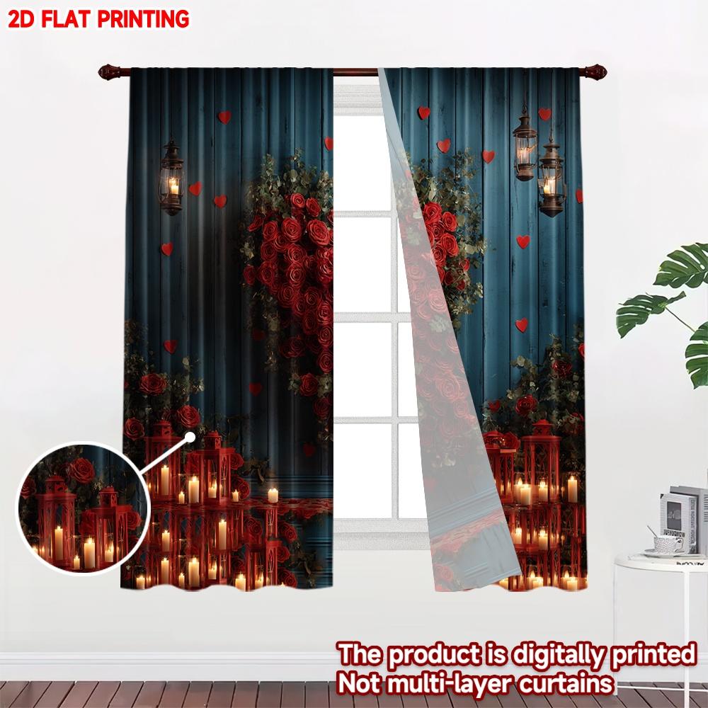 Set Of 2 Flat Printing Happy Valentine Day Window Curtains Valentines Rose He Digital Printed Polyester Drapes Family Party Curtain
