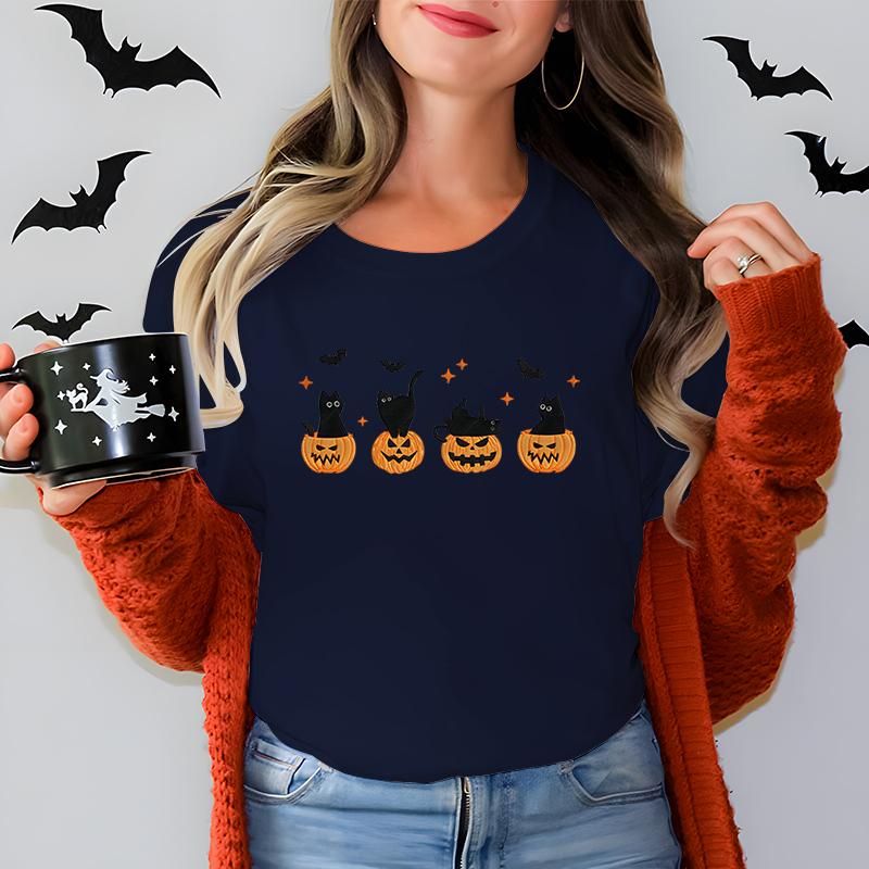 Black Cat Pumpkin Graphic T Shirts Women Trendy Halloween Retro Essential Classic Tops Cat Lover Spooky Season Halloween Tshirt