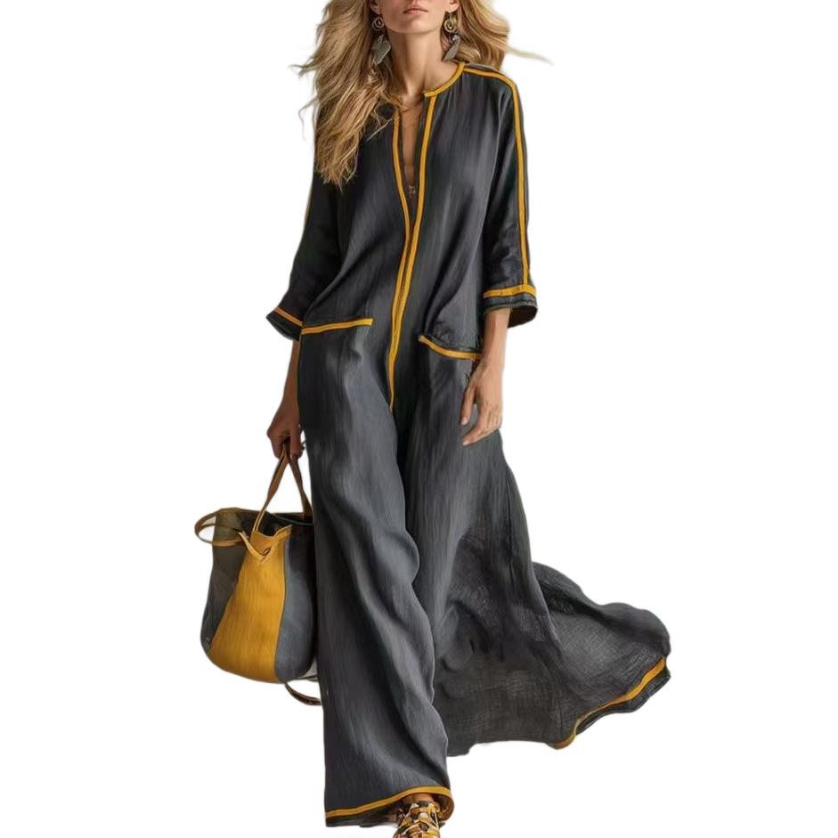 Summer new European and American style striped V-neck loose holiday style long dress women's fashion casual beach