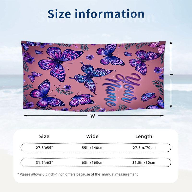 Butterfly Theme Beach Towel Personalized Custom Name & Text Soft Quick Dry Beach Towel for Swimming Travel
