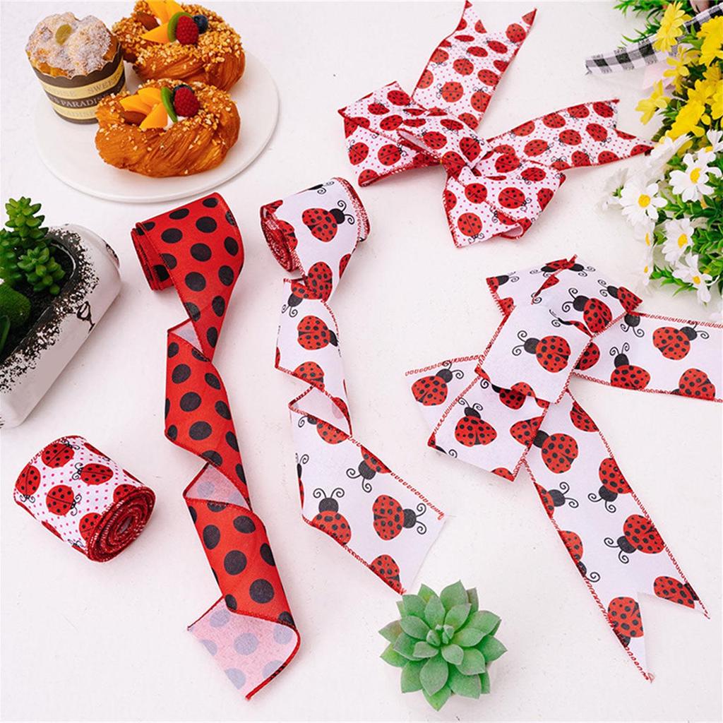 4 Rolls Wired Ribbons 5Yards/Roll Ladybird Ribbon Decorative Ribbon for Gift Wrapping Party Decorations Hair Bows