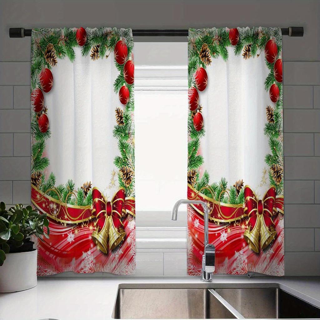 2pcs Christmas Themed Window Drapes Festive Tree Ribbons Lights Gifts Print Semi-Sheer Woven for Kitchen Living Room Bedroom